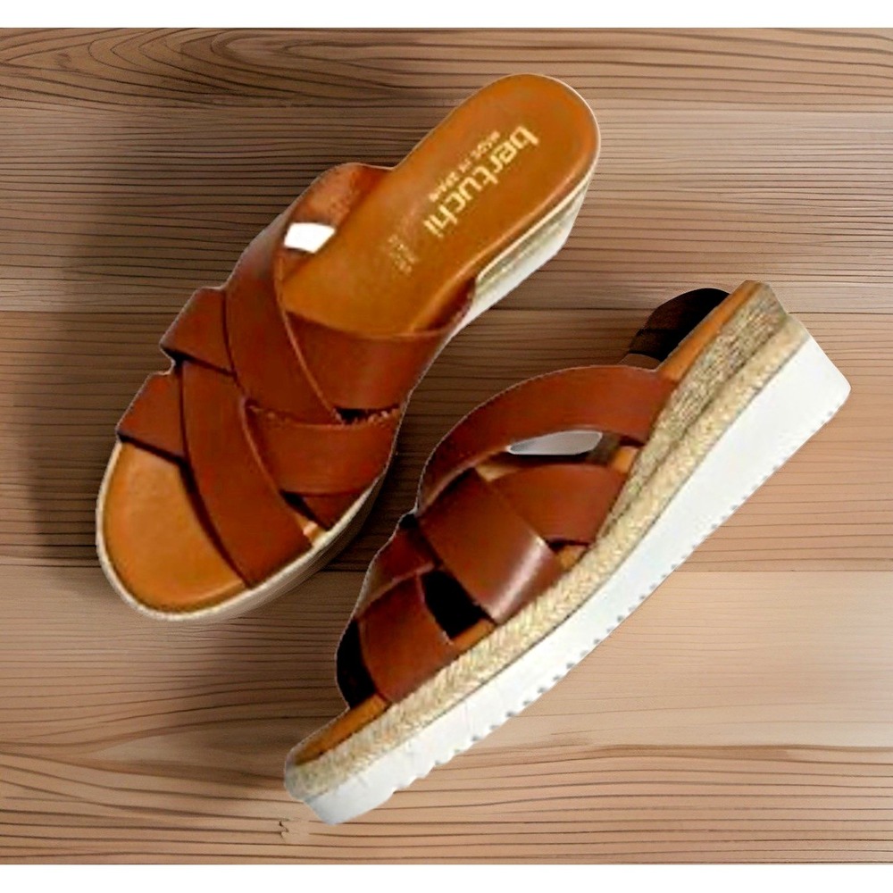 Bertuchi Size 40/ 9 Leather Espadrille Wedge Criss Cross Slip On Sandals Brown